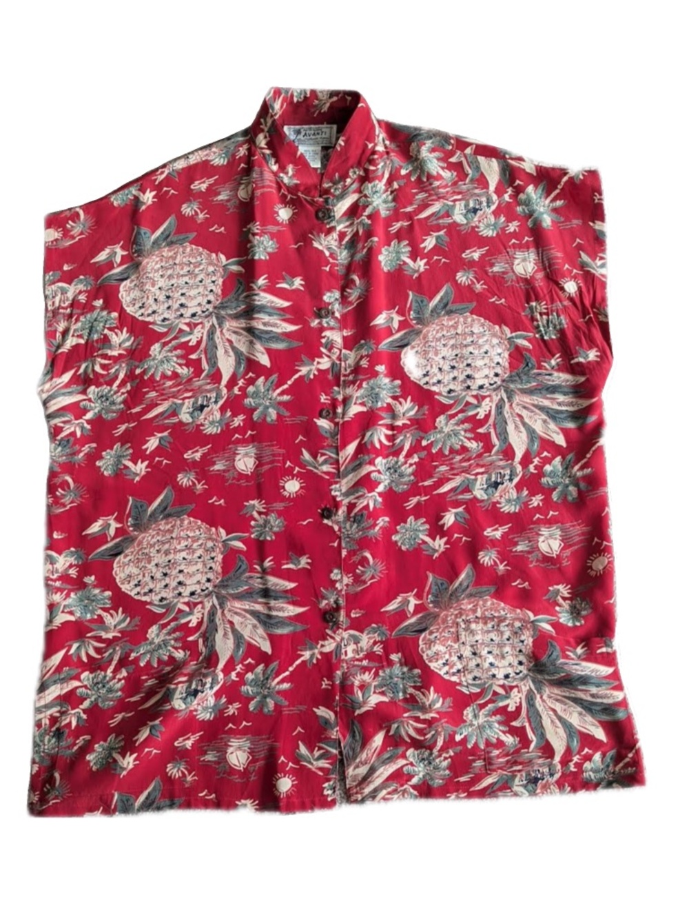Vintage avanti red silk hawaiian button down shirt mandarin collar XL polynesian